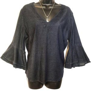 Peter Nygard Chambray Bell Sleeve Top Dark Blue M